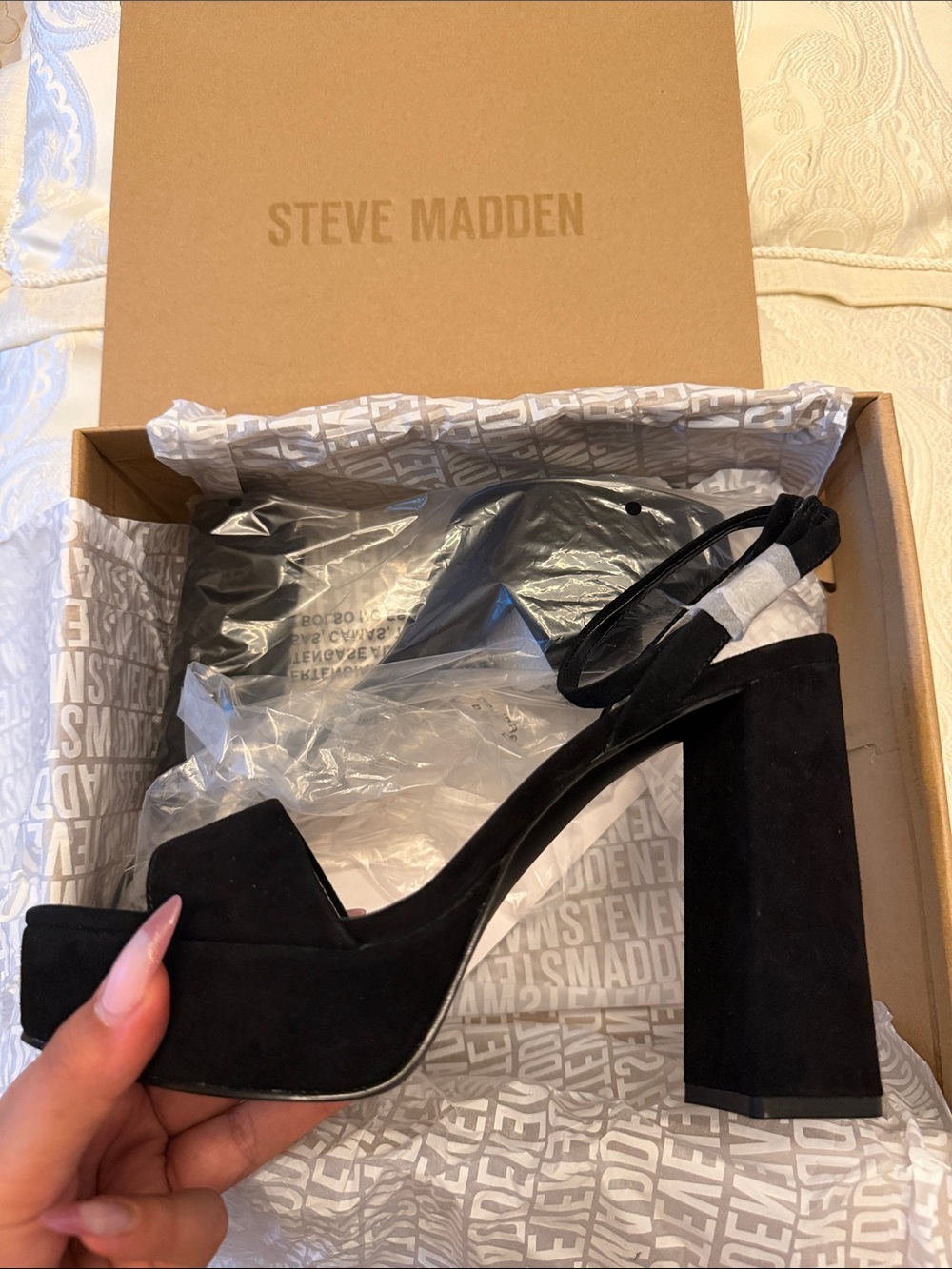 SOLD OUT Steve Madden Black Suede Strappy Block Heel Sandals - Picture 3 of 7